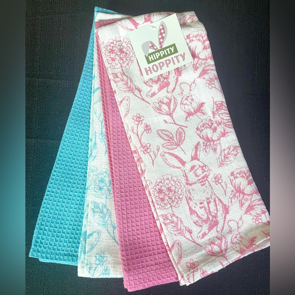 4-pc Spring Easter Bunny Rabbit Kitchen Towel Set Pink Blue Garden Flowers NWT